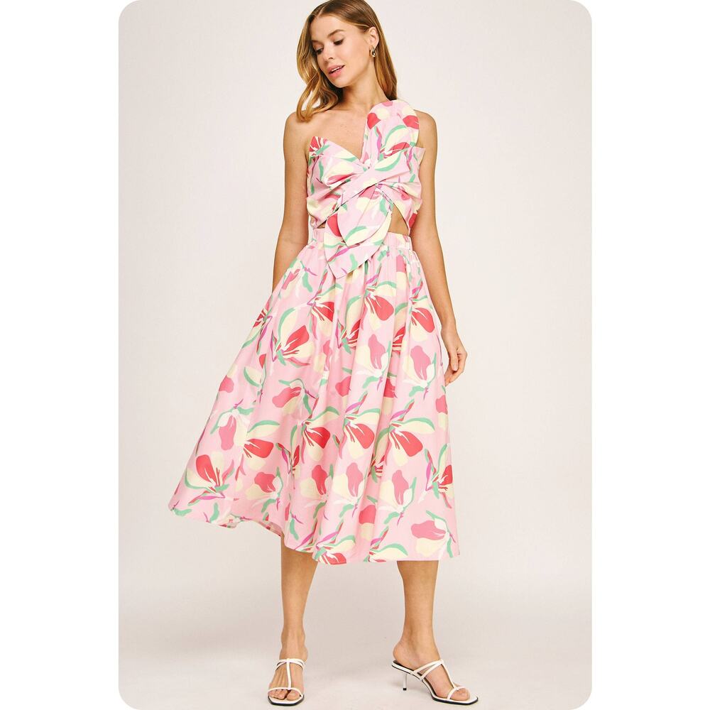 Strut and Bolt Knotted Flower Bow Floral Midi Dress S M L